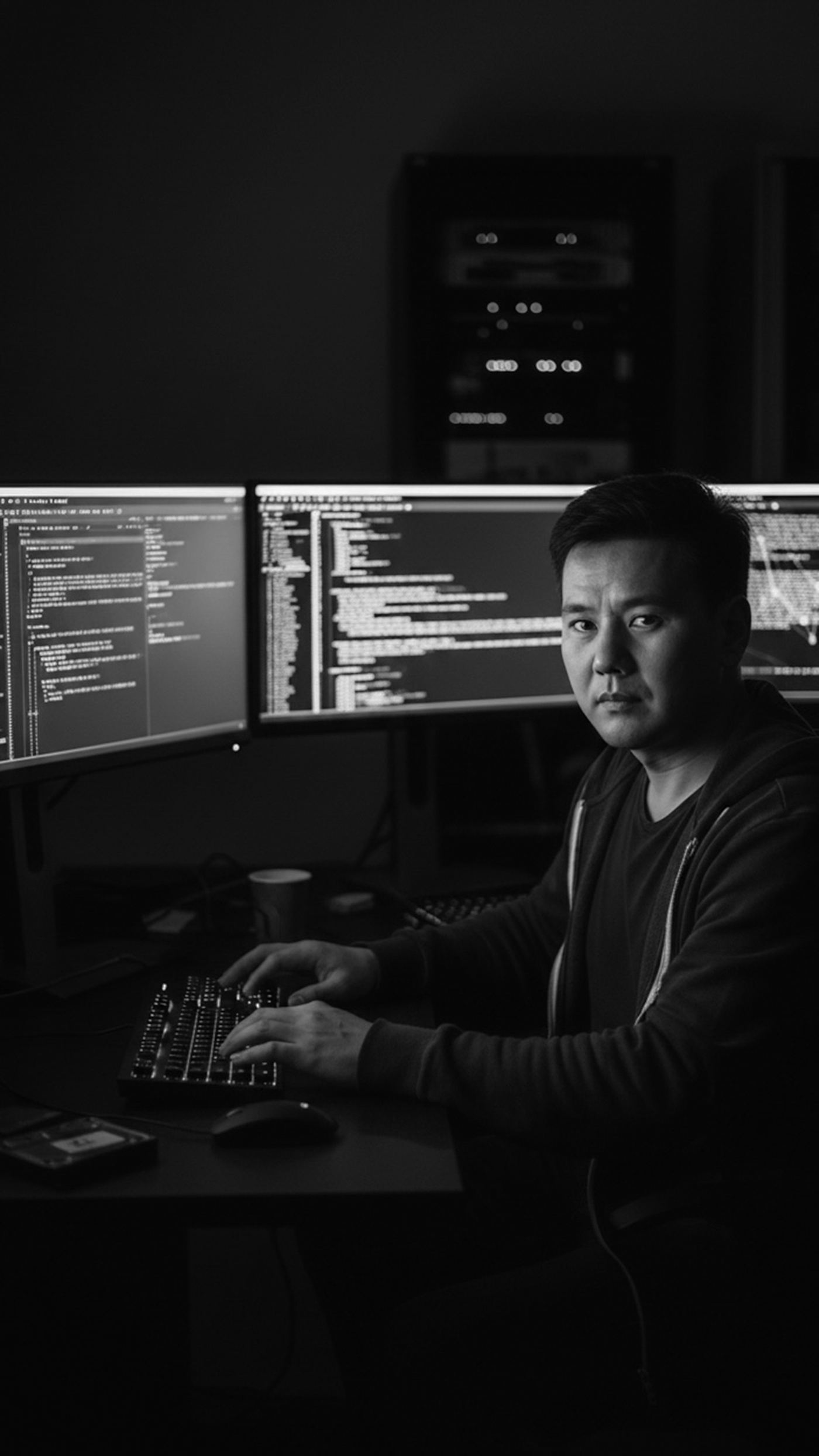 Security analyst at a multi-monitor workstation